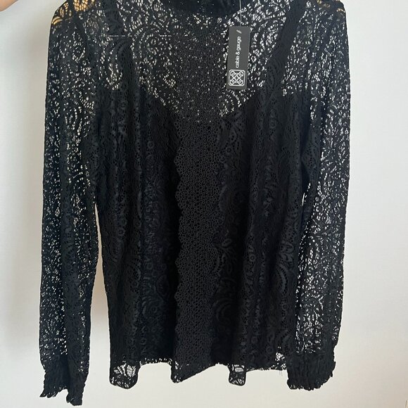 🖤 Cable & Gauge Black Lace Mock Neck Blouse - L/G - Picture 3 of 11